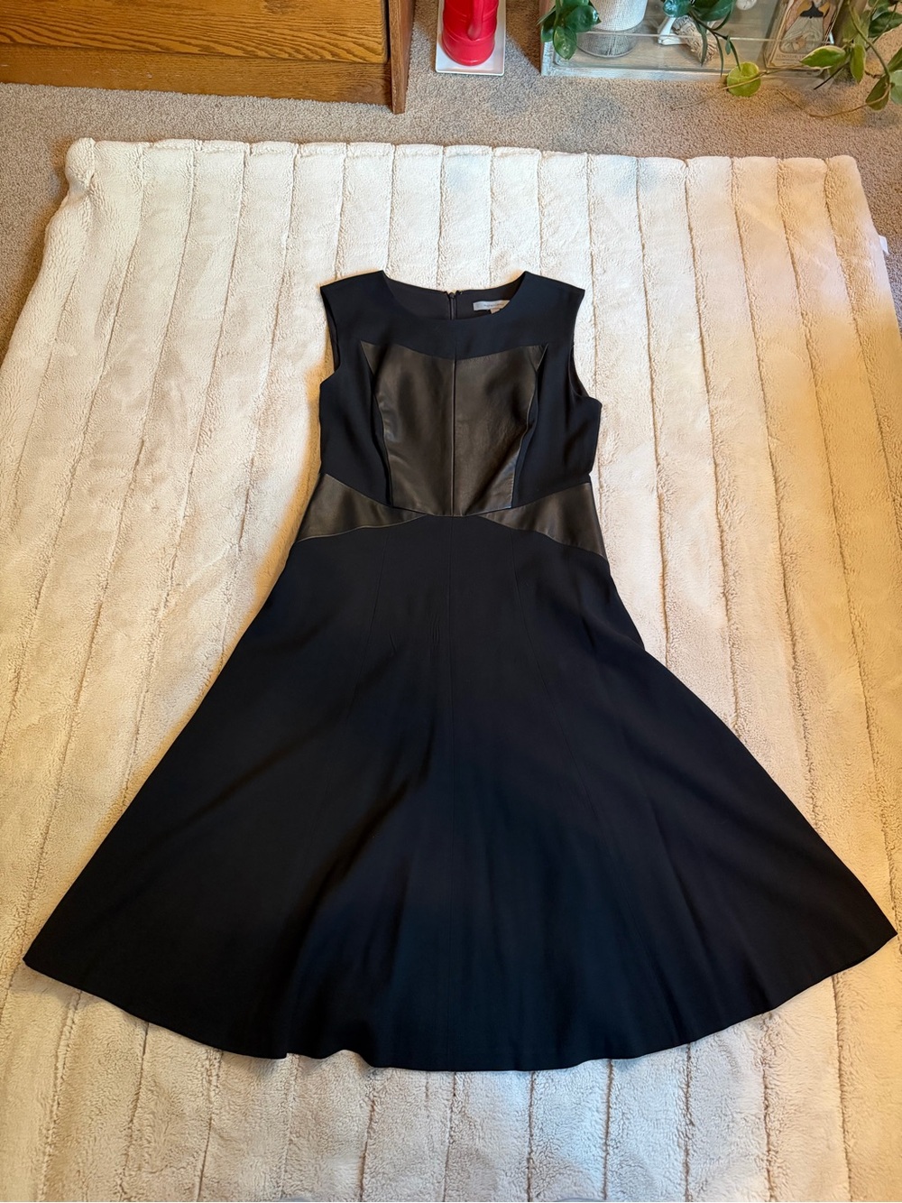 Classiques Black Sleeveless Flare Dress with Faux Leather Panels, Size 4